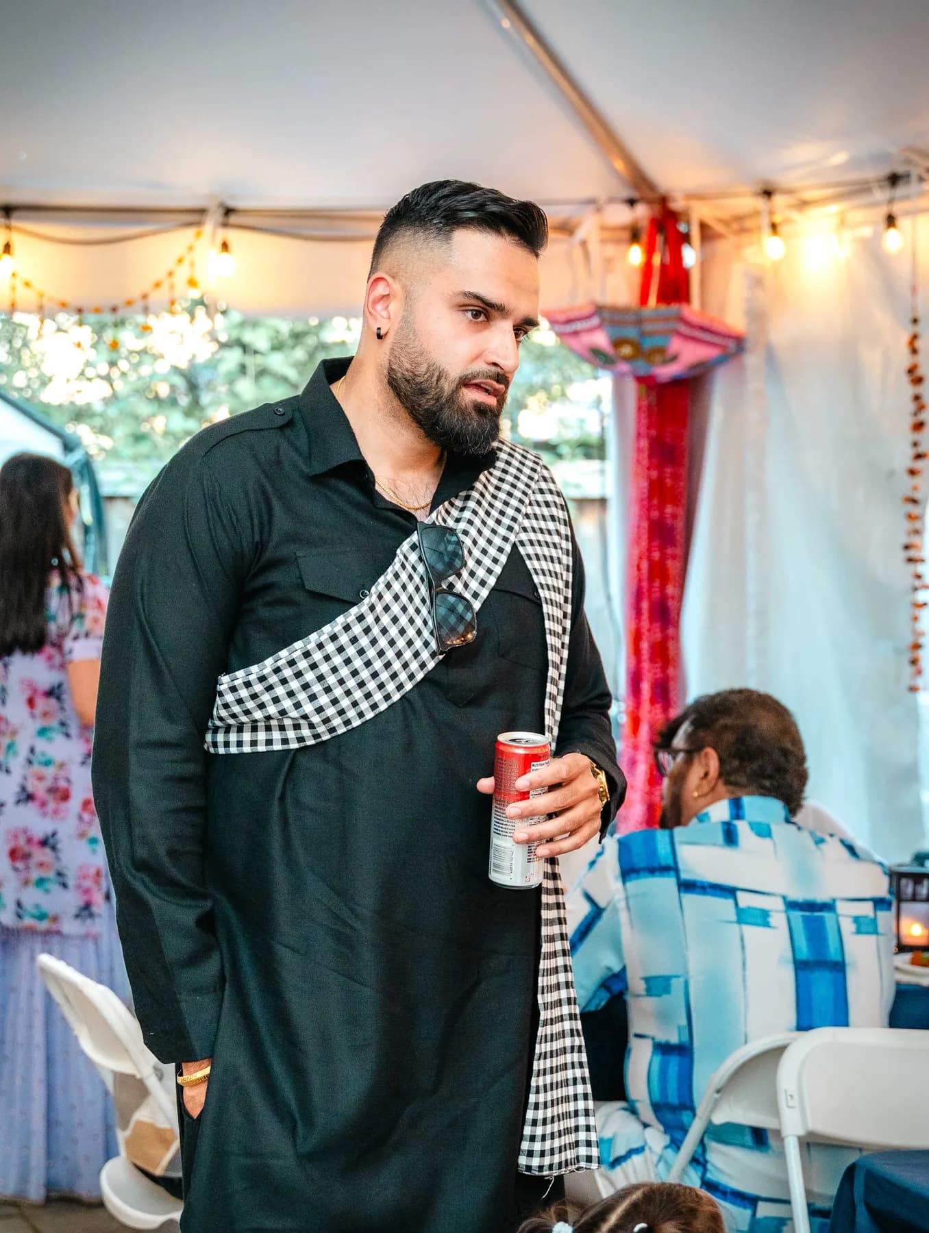 A portrait of a man at Aaron’s Haldi celebration.