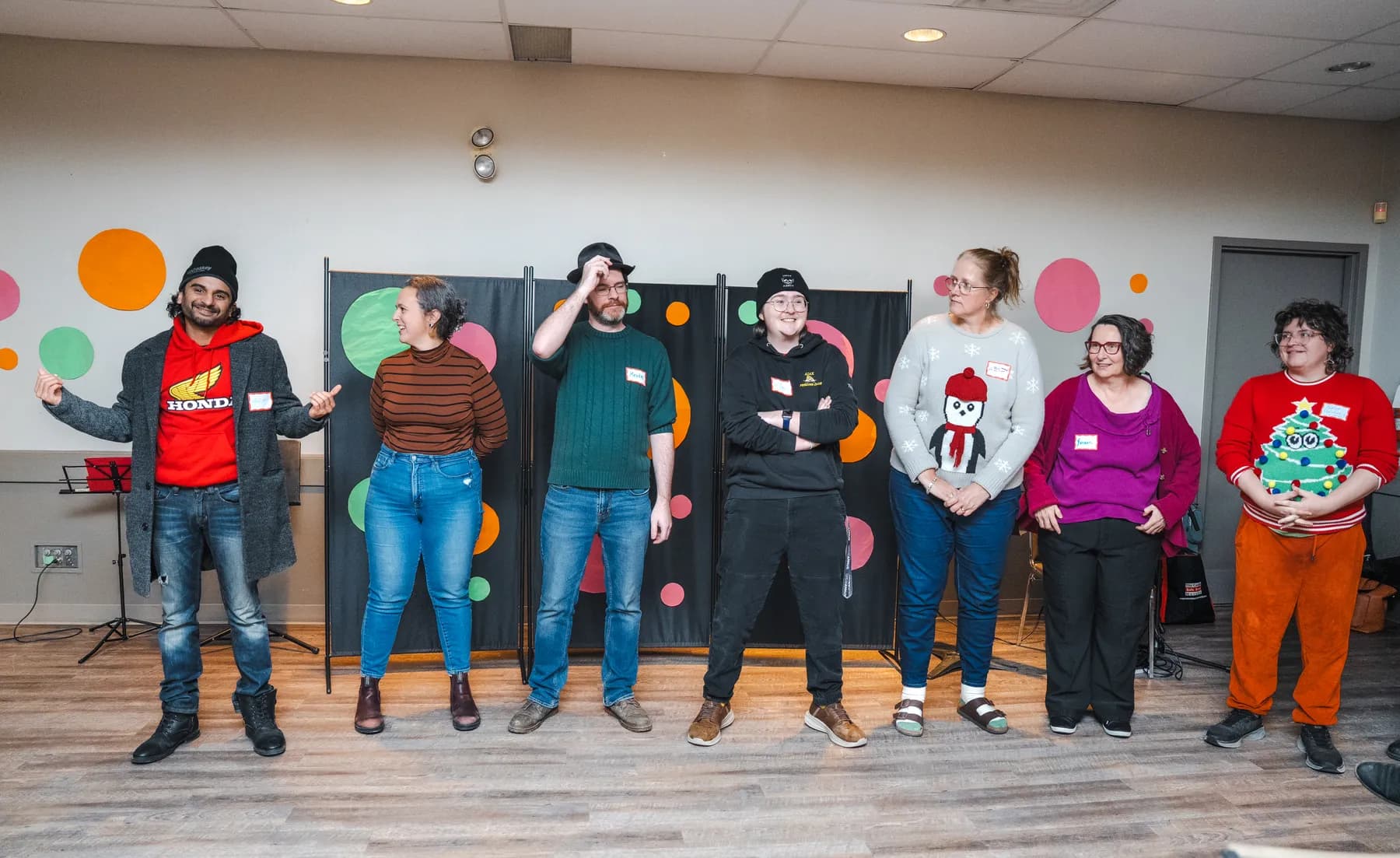 Guests taking part in a playful group performance at Alison’s birthday celebration.