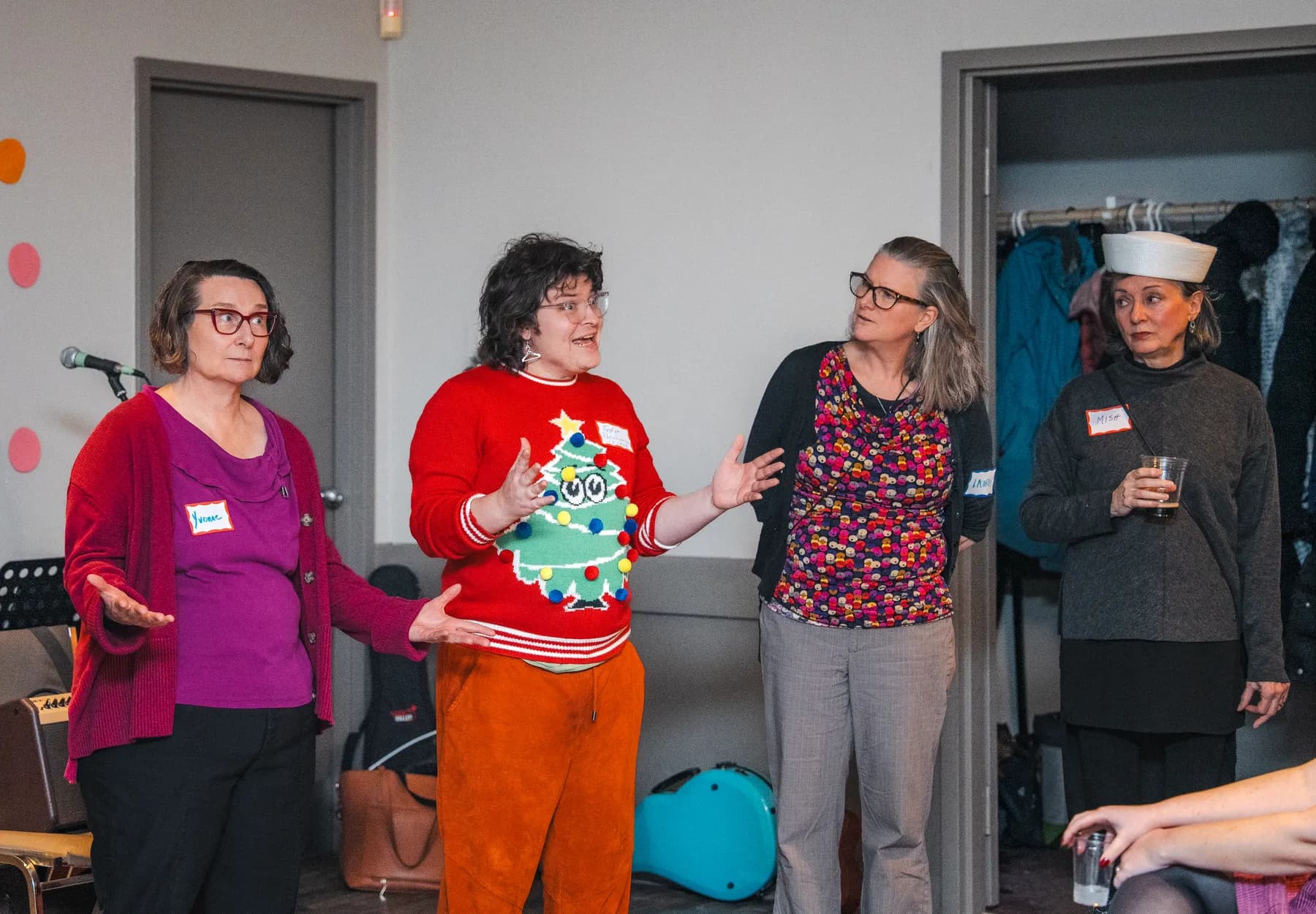 Guests taking part in a playful group performance at Alison’s birthday celebration.