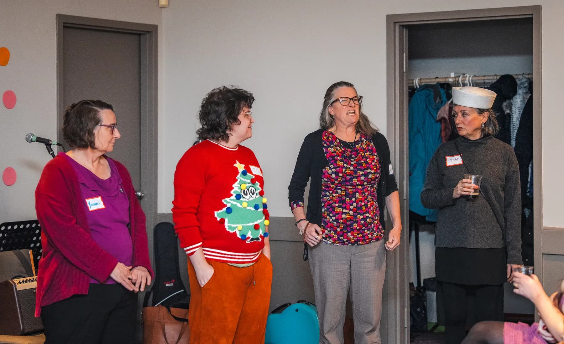 Guests taking part in a playful group performance at Alison’s birthday celebration.
