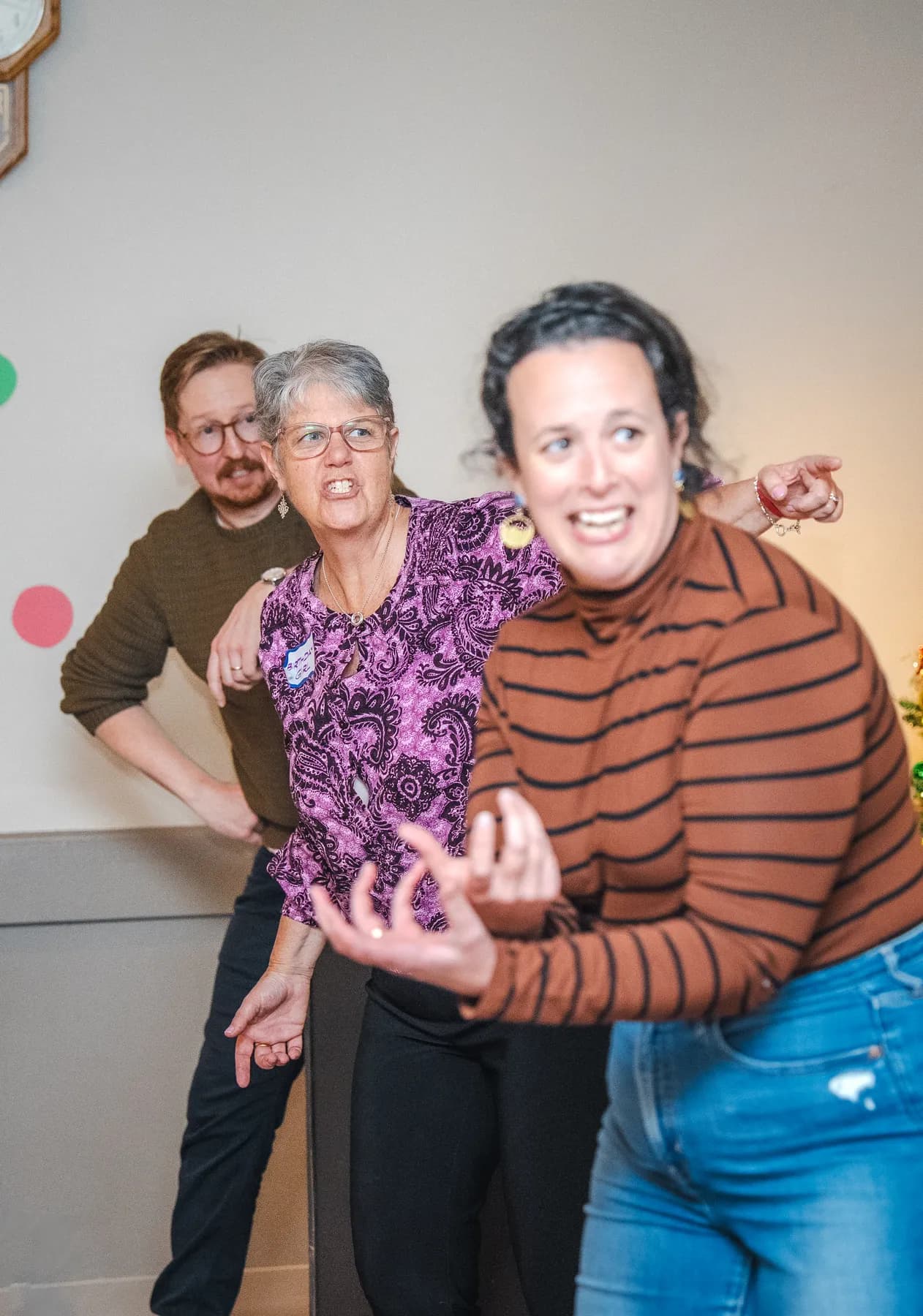 Guests taking part in a playful group performance at Alison’s birthday celebration.