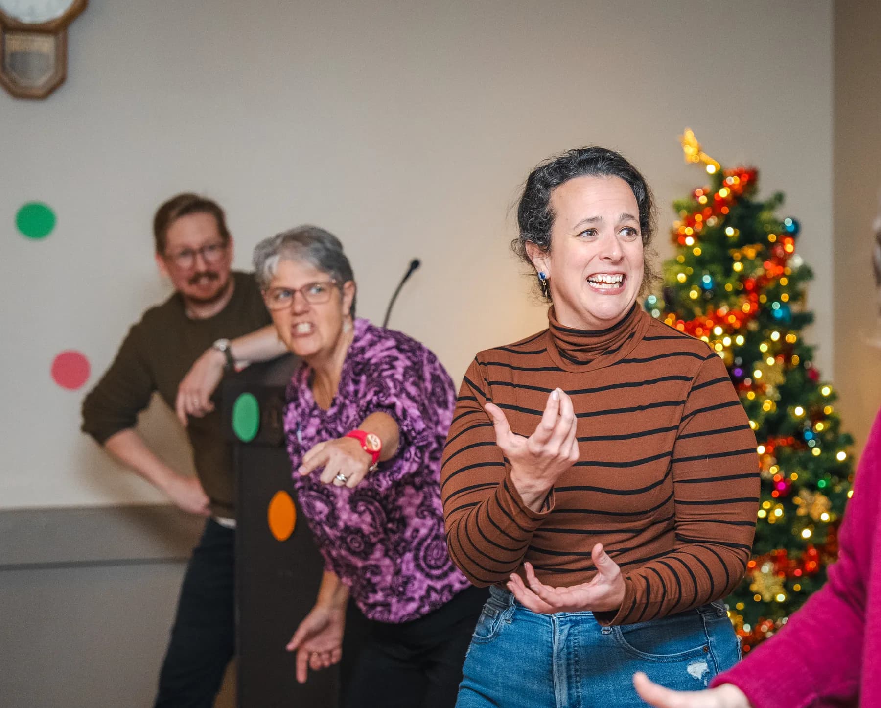 Guests taking part in a playful group performance at Alison’s birthday celebration.