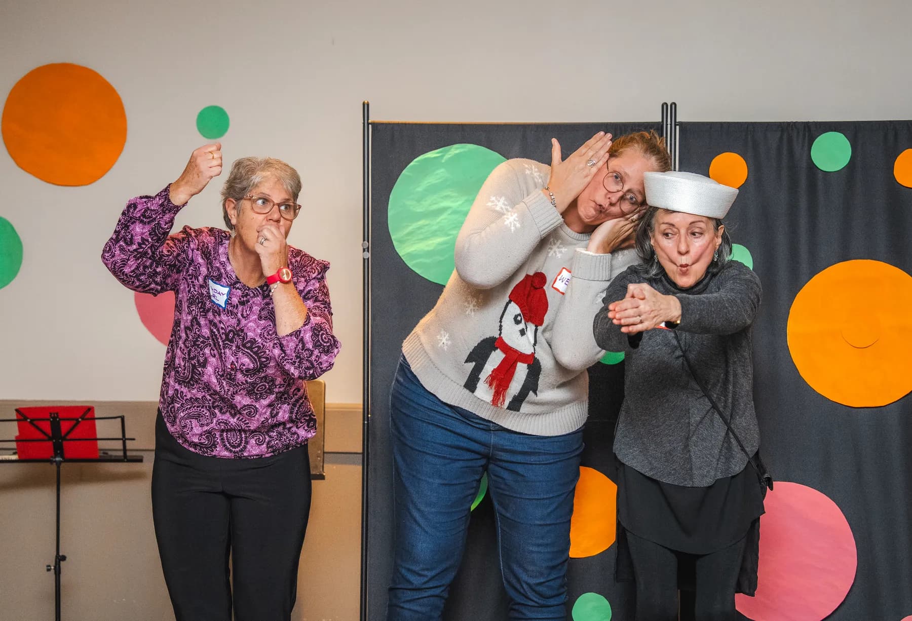 Guests taking part in a playful group performance at Alison’s birthday celebration.
