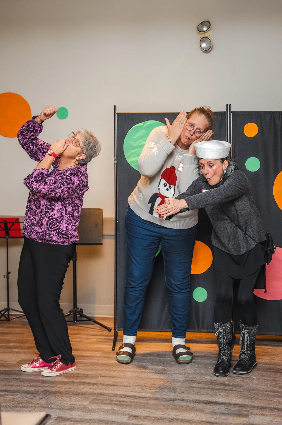Guests taking part in a playful group performance at Alison’s birthday celebration.
