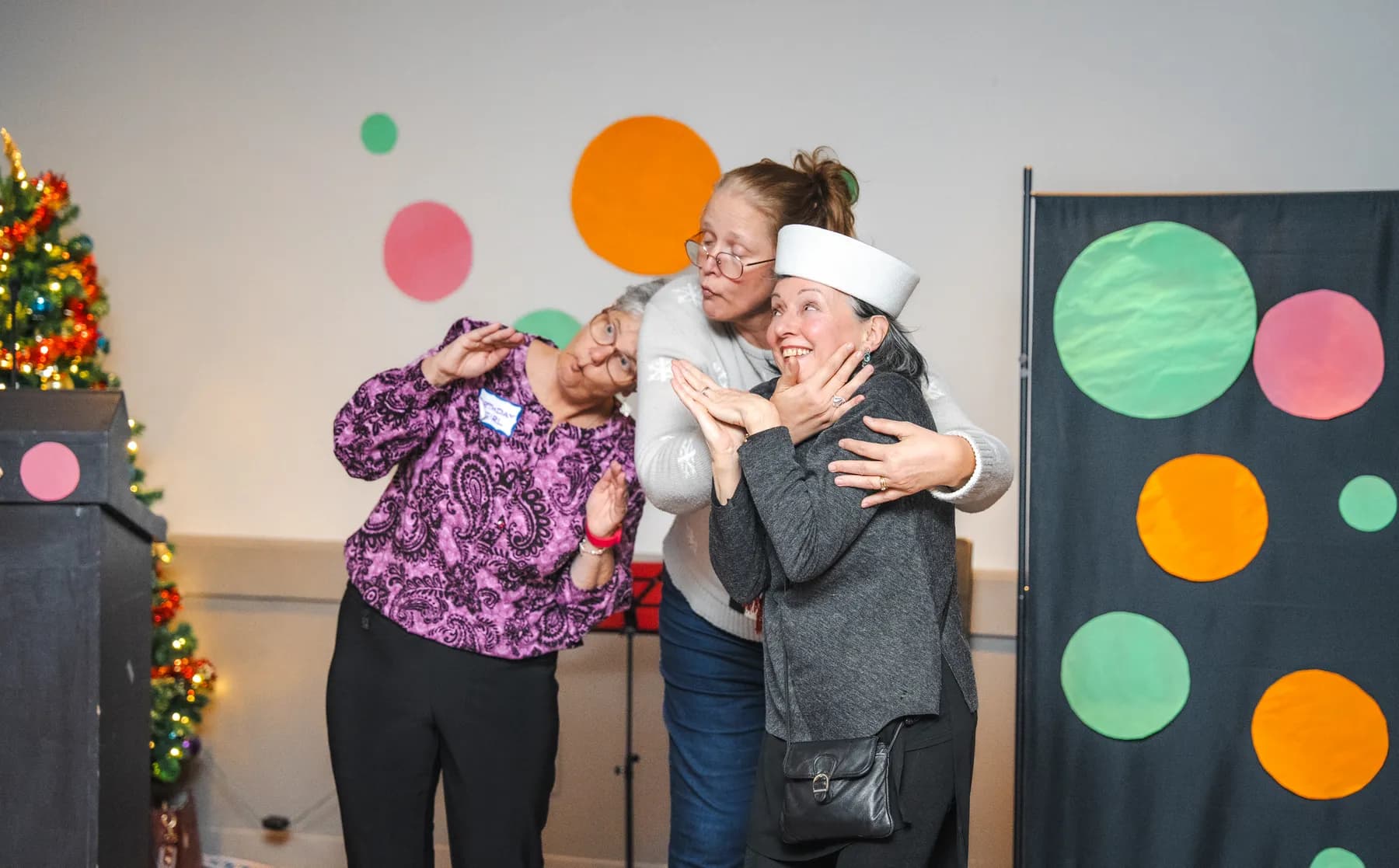 Guests taking part in a playful group performance at Alison’s birthday celebration.