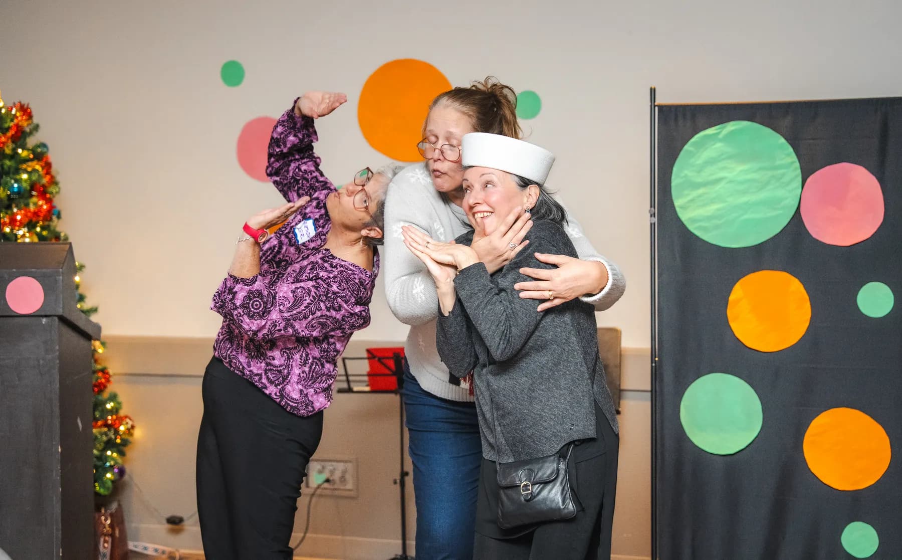 Guests taking part in a playful group performance at Alison’s birthday celebration.