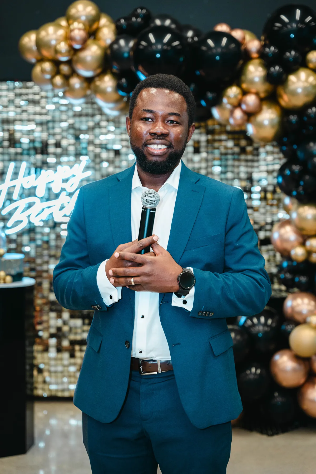 A man addressing the party guests at BJ’s 40th birthday party.