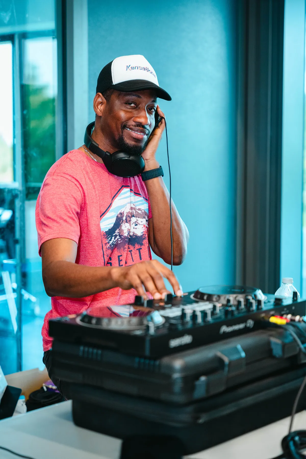 The DJ at the music desk at BJ’s 40th birthday party.