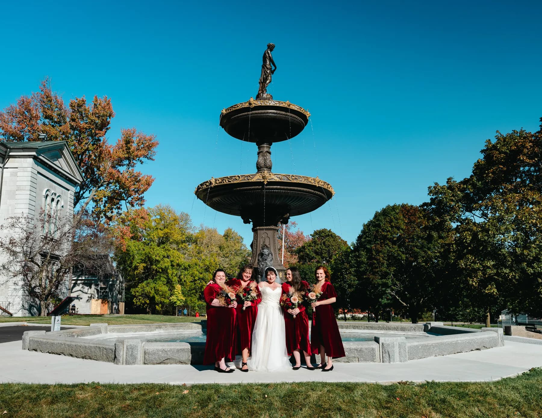 Wedding portraits beside the fountain at Kody and Jaz’s wedding.