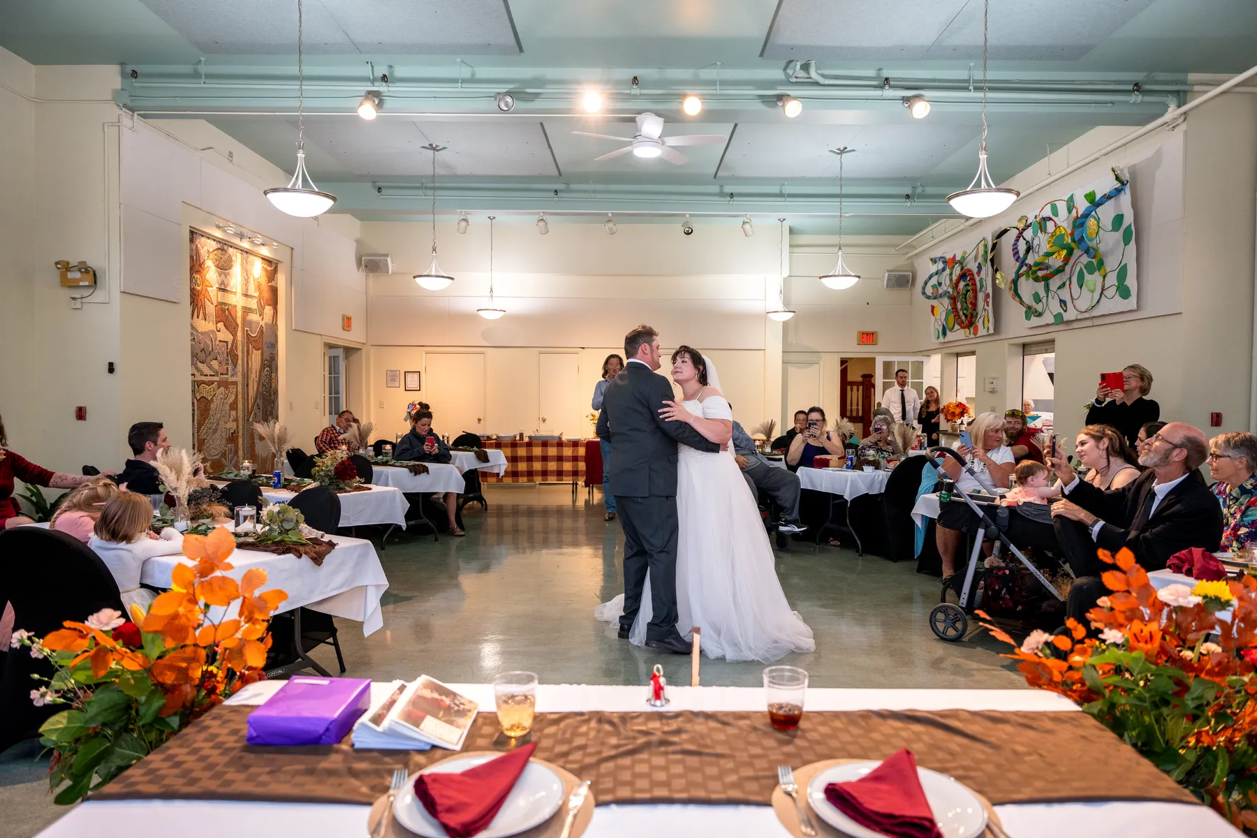 The couple and guests dancing at the reception at Kody and Jaz’s wedding.