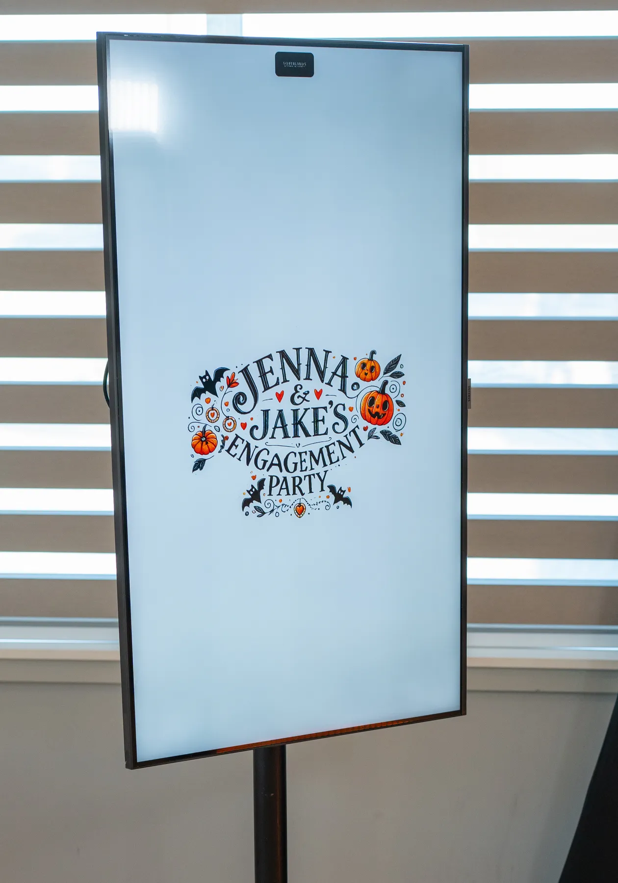 A Halloween event welcome sign at Jenna and Jake’s Halloween party.