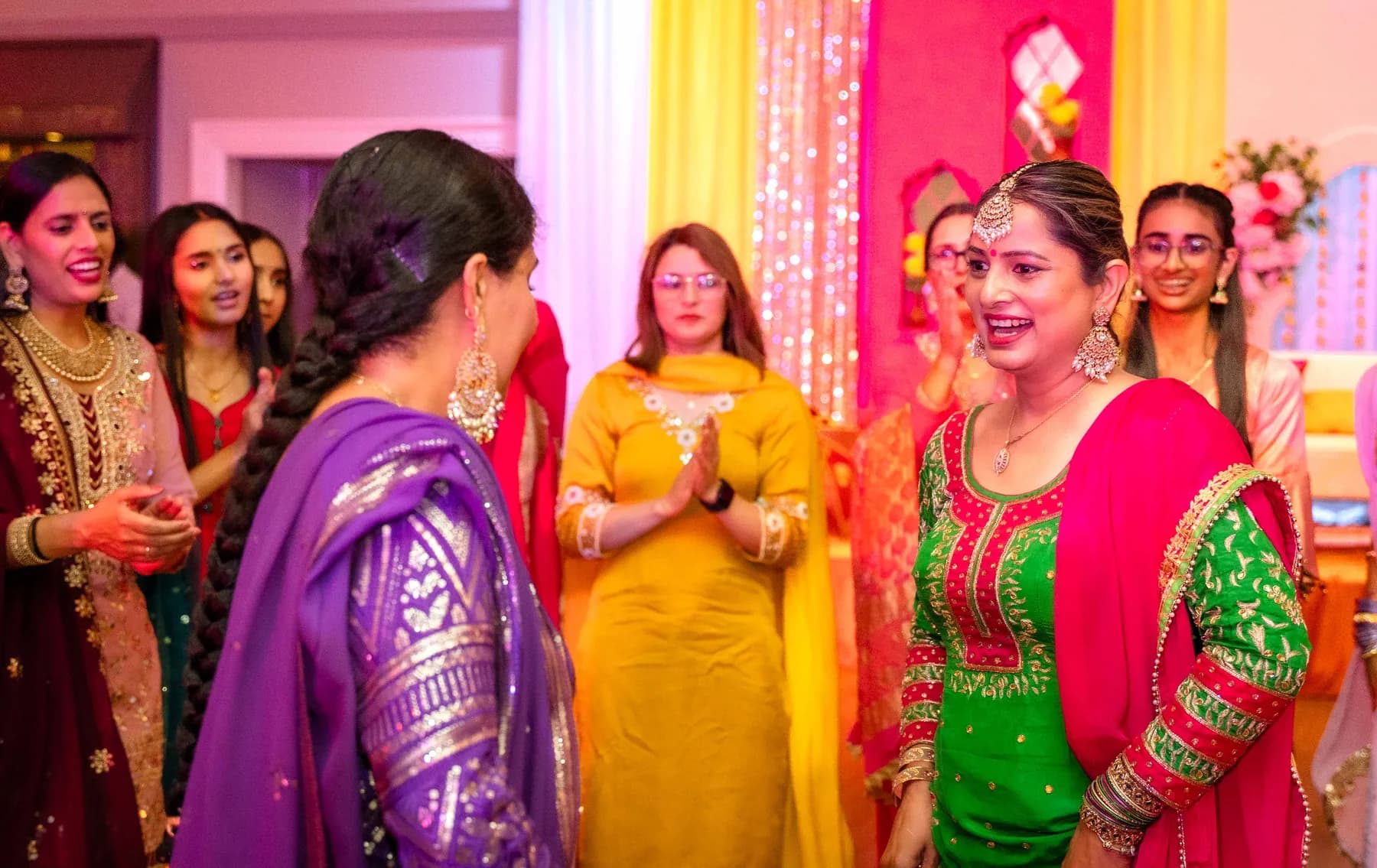 Guests enjoying the dance floor at Jessie and Erin’s Haldi celebration.