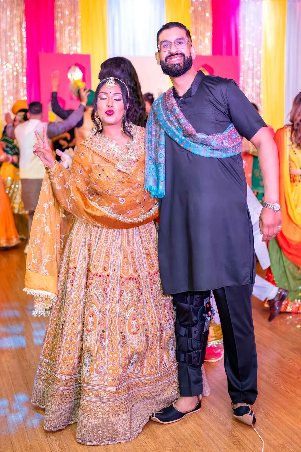 Guests enjoying the dance floor at Jessie and Erin’s Haldi celebration.