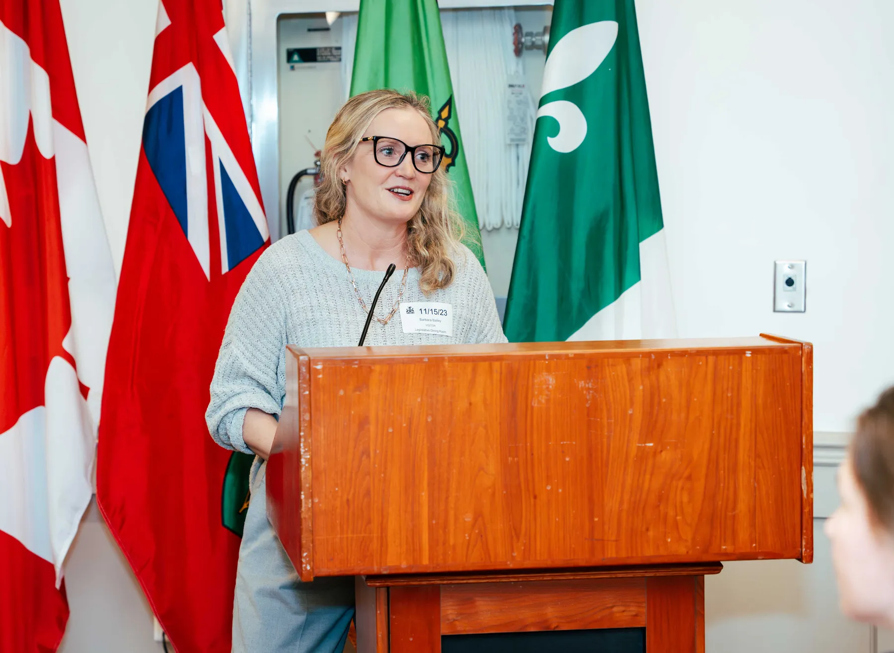 A speaker at the lectern at the NPAO event at Queen’s Park.