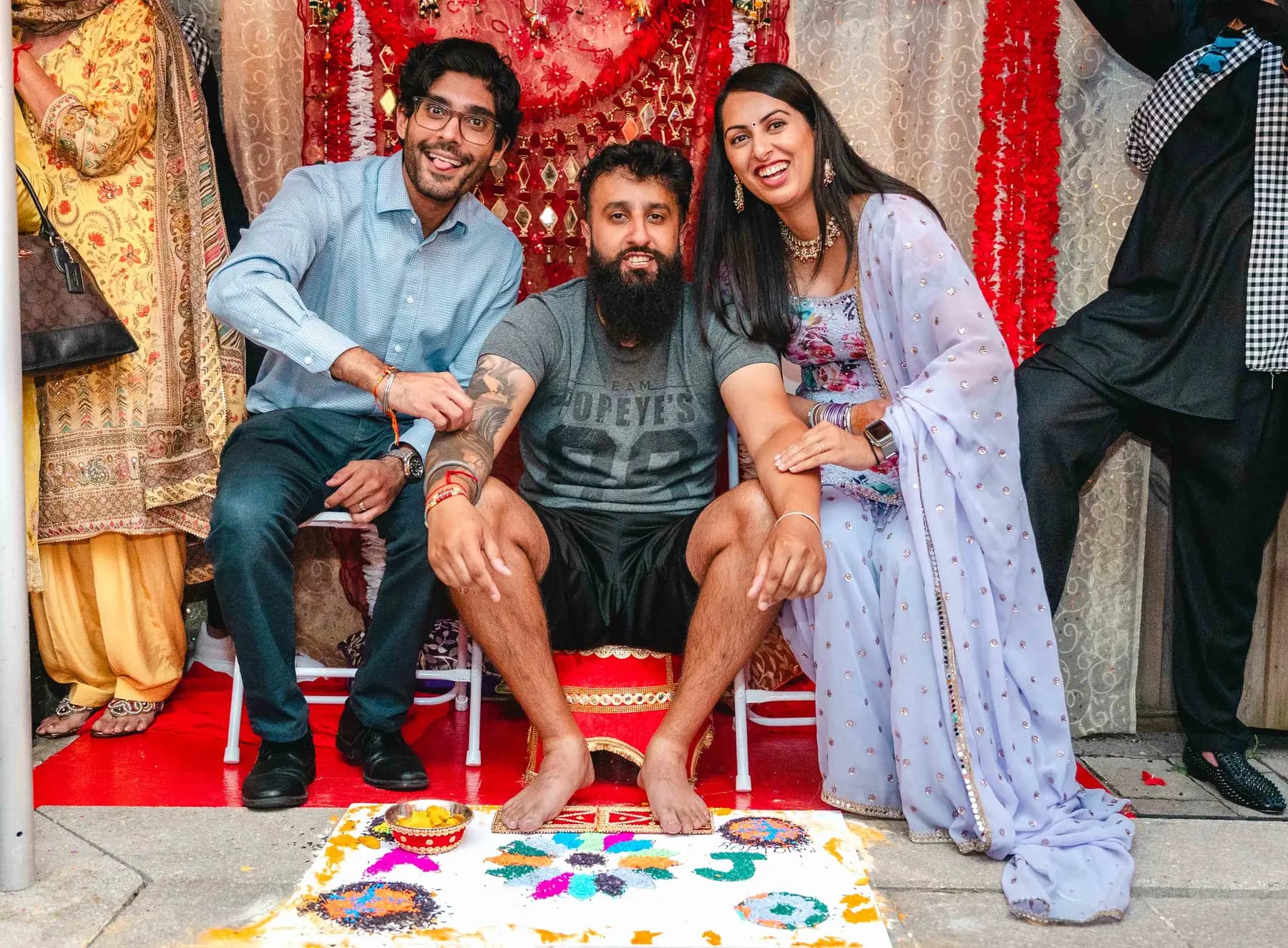 Guests posing during the Haldi ceremony at Aaron’s Haldi celebration.