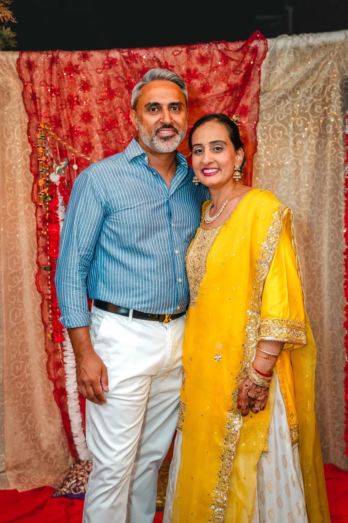 A couple posing together at Aaron’s Haldi celebration.