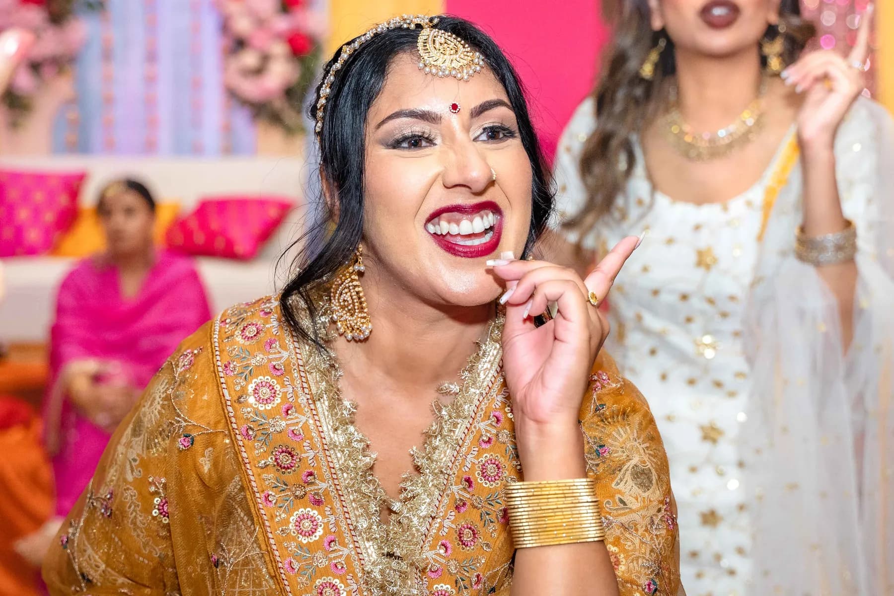 Guests enjoying the dance floor at Jessie and Erin’s Haldi celebration.