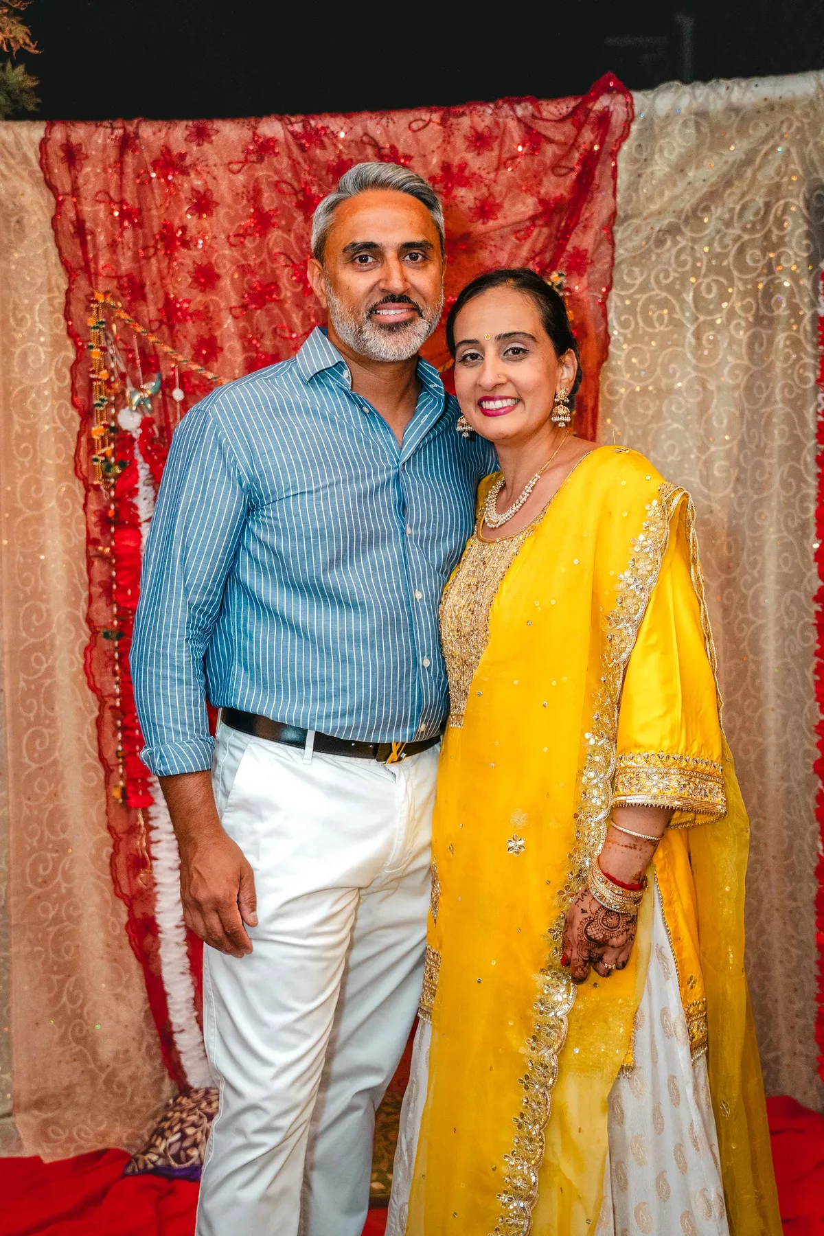 A couple posing together at Aaron’s Haldi celebration.