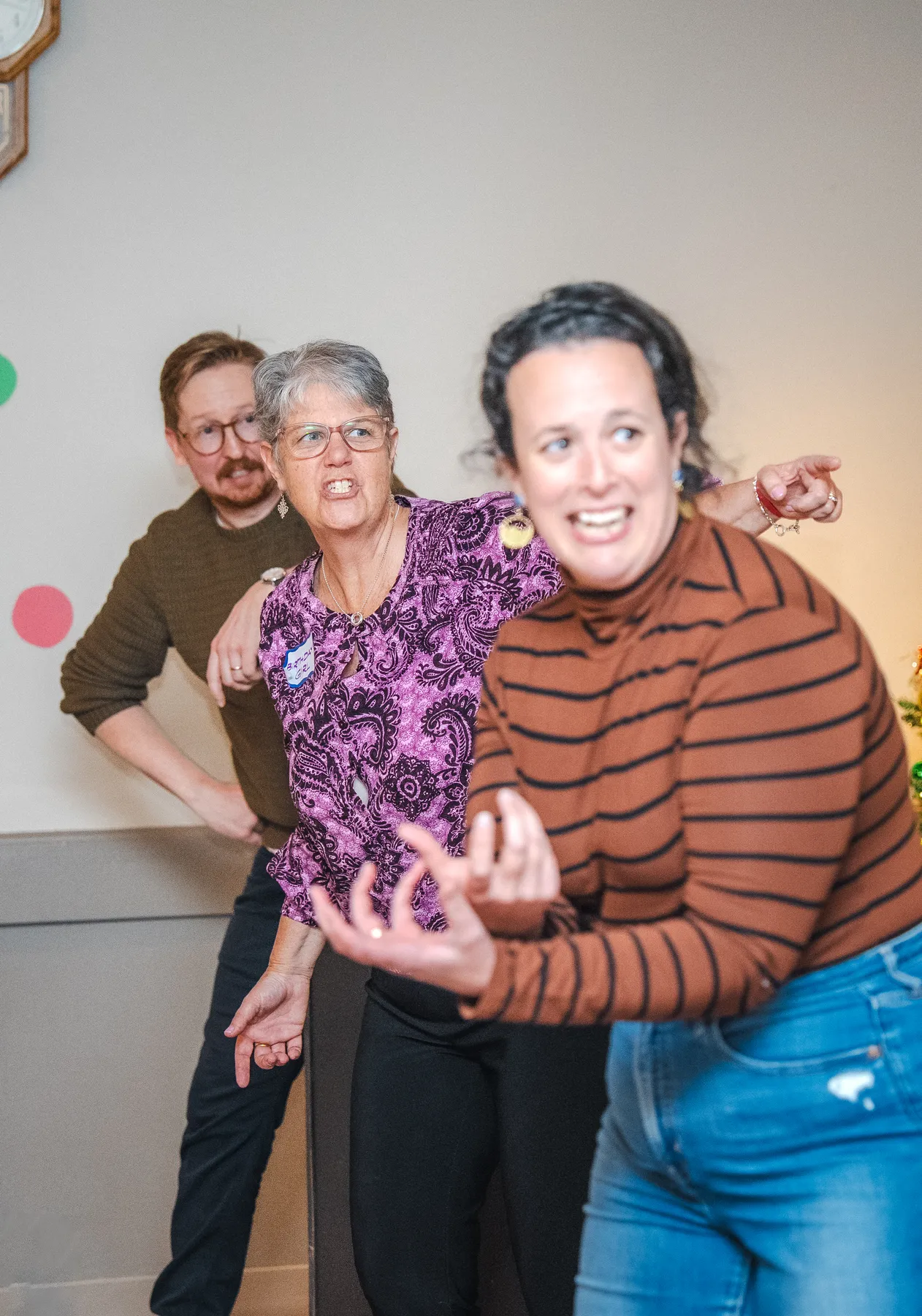 Guests taking part in a playful group performance at Alison’s birthday celebration.