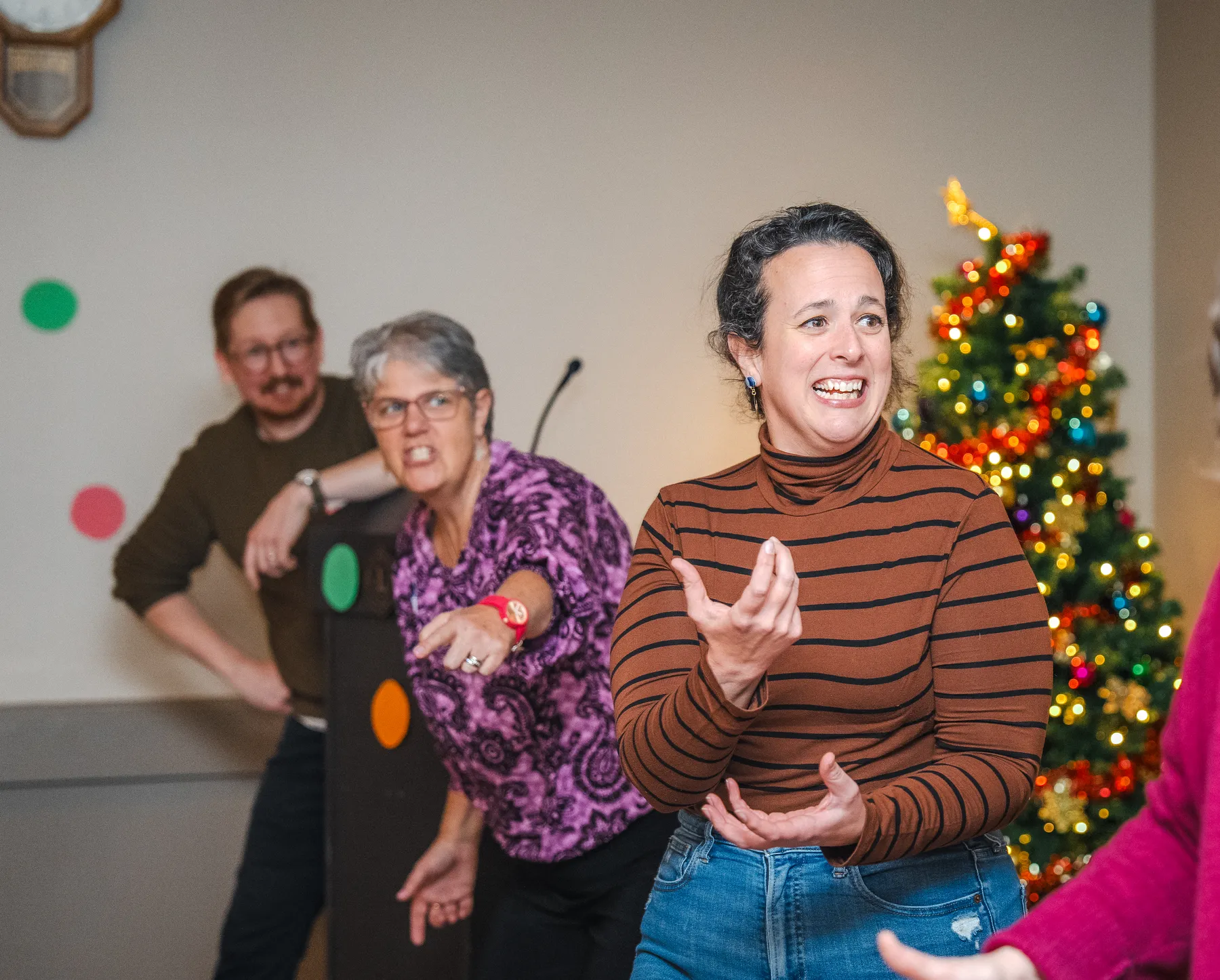 Guests taking part in a playful group performance at Alison’s birthday celebration.