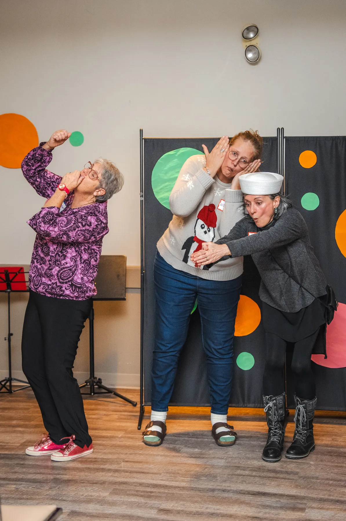 Guests taking part in a playful group performance at Alison’s birthday celebration.