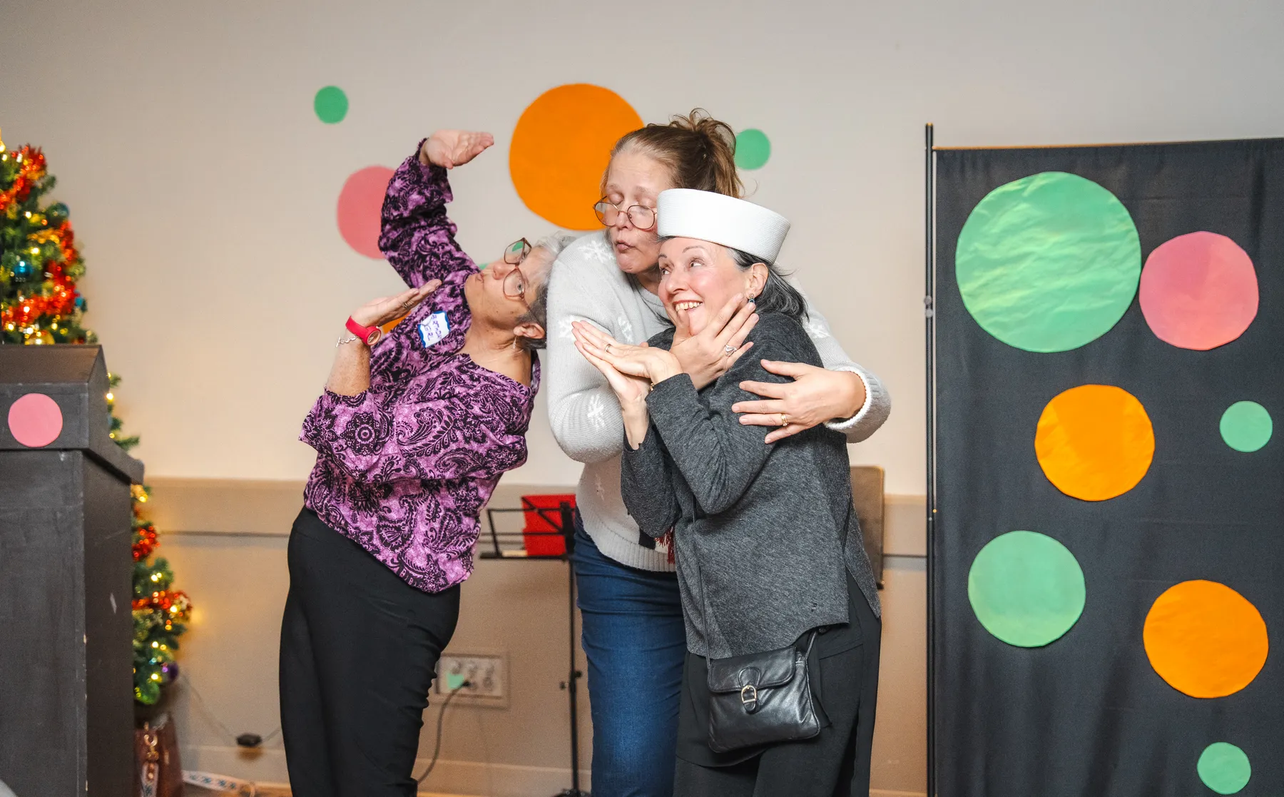Guests taking part in a playful group performance at Alison’s birthday celebration.